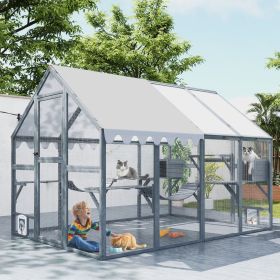 Wooden Cat Catio, Outdoor Large Cat Enclosure, Cat Playpen with Platforms, Sunshine Boards, Bridges, Condos, Grey