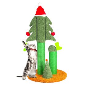 32'' Cat Scratching Post, Tall Christmas Tree Cat Scratcher with 3 Posts and Cute Dangling Teaser Balls