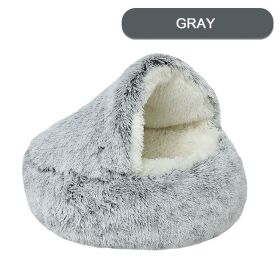 Luxurious Plush Round Cat Bed Cat Bed Round Soft Plush Burrowing Cave Hooded Cat Bed Donut For Dogs Cats - Semi-Enclosed For Cozy Warmth (Color: Gray, size: 70cm)